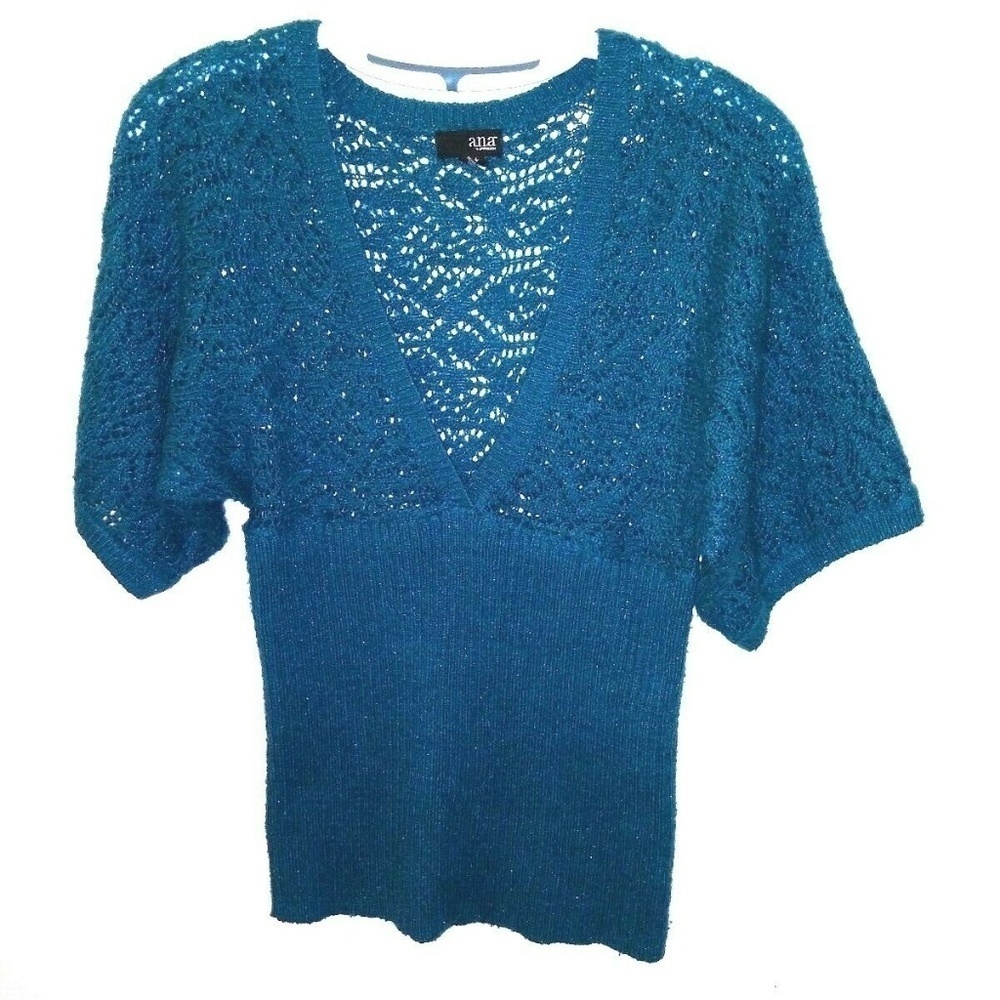 ANA a.n.a crop sweater top crocheted teal blue knit top Sz M